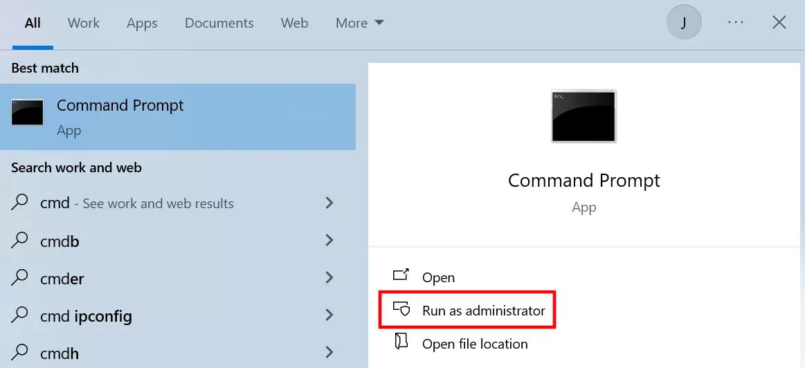 Searching for the command prompt in Windows 10