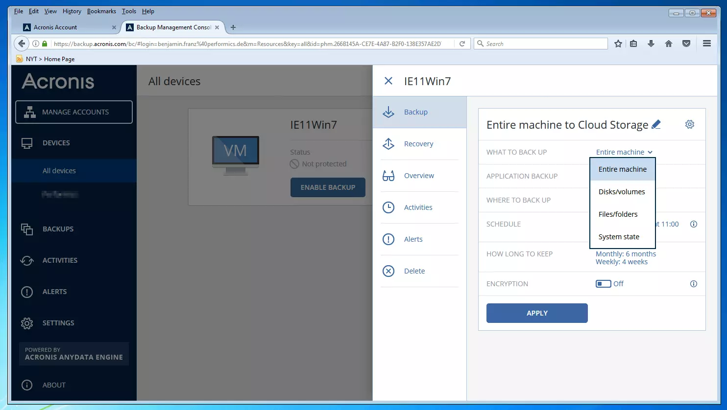 The backup management console of Acronis Backup 12.5: Dropdown menu for the selection of a data source