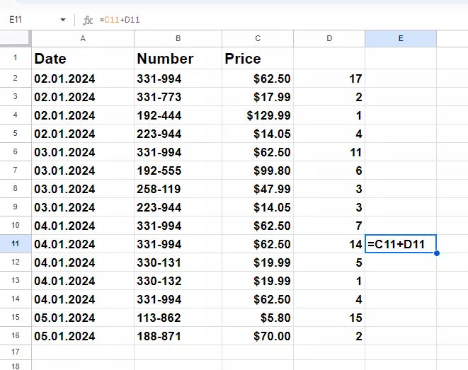 Screenshot of a formula being displayed in Google Sheets