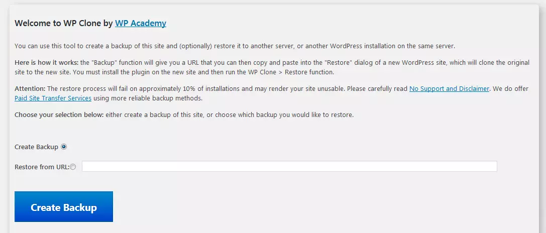 Dialog window for creating a backup with WP Clone by WP Academy