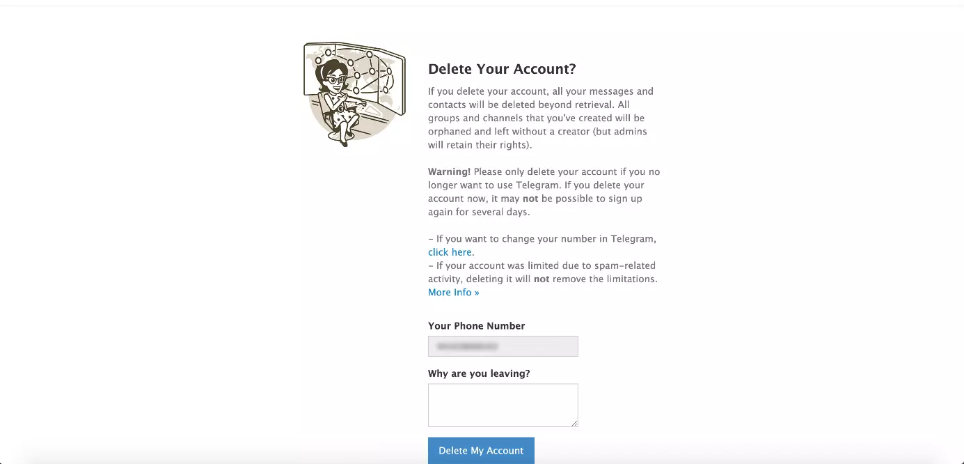 Webpage for deleting your Telegram account