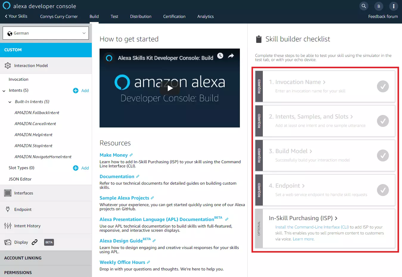 Alexa Developer Console: overview page in the build area