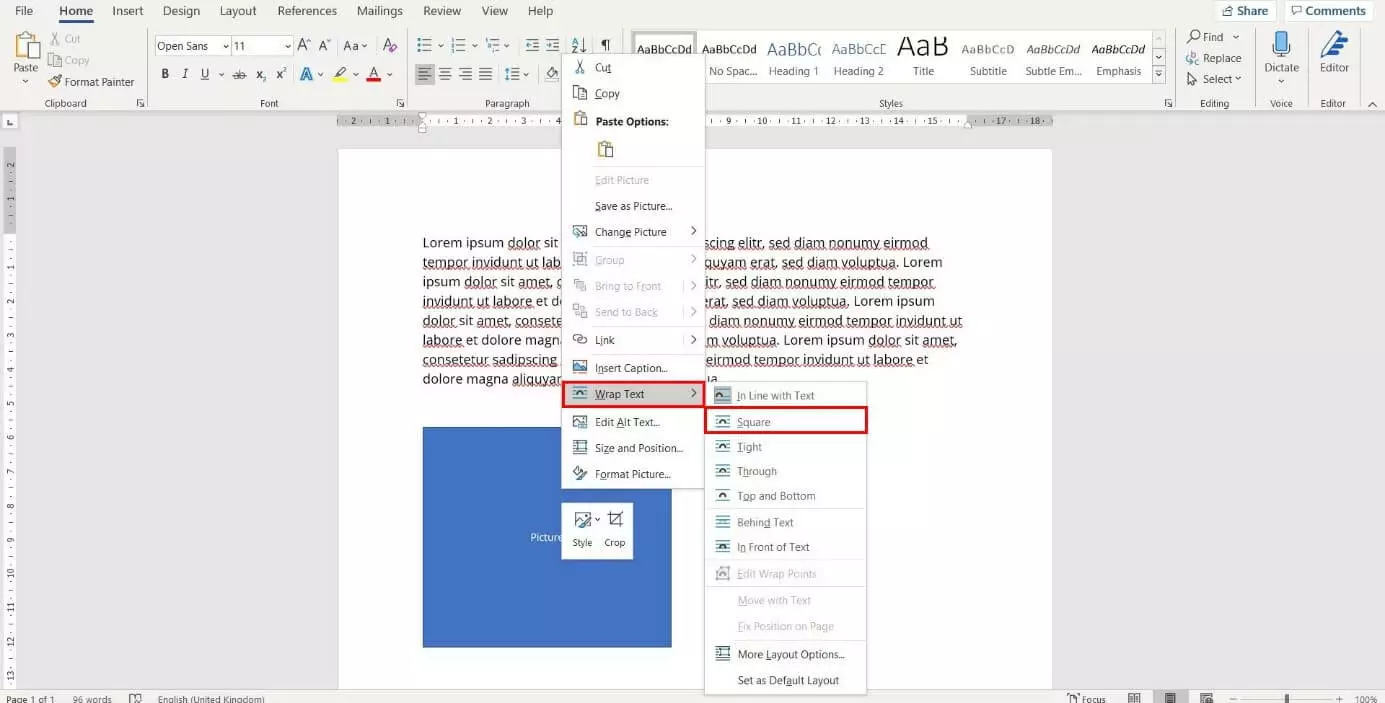 Microsoft Word: wrapping text around an image 