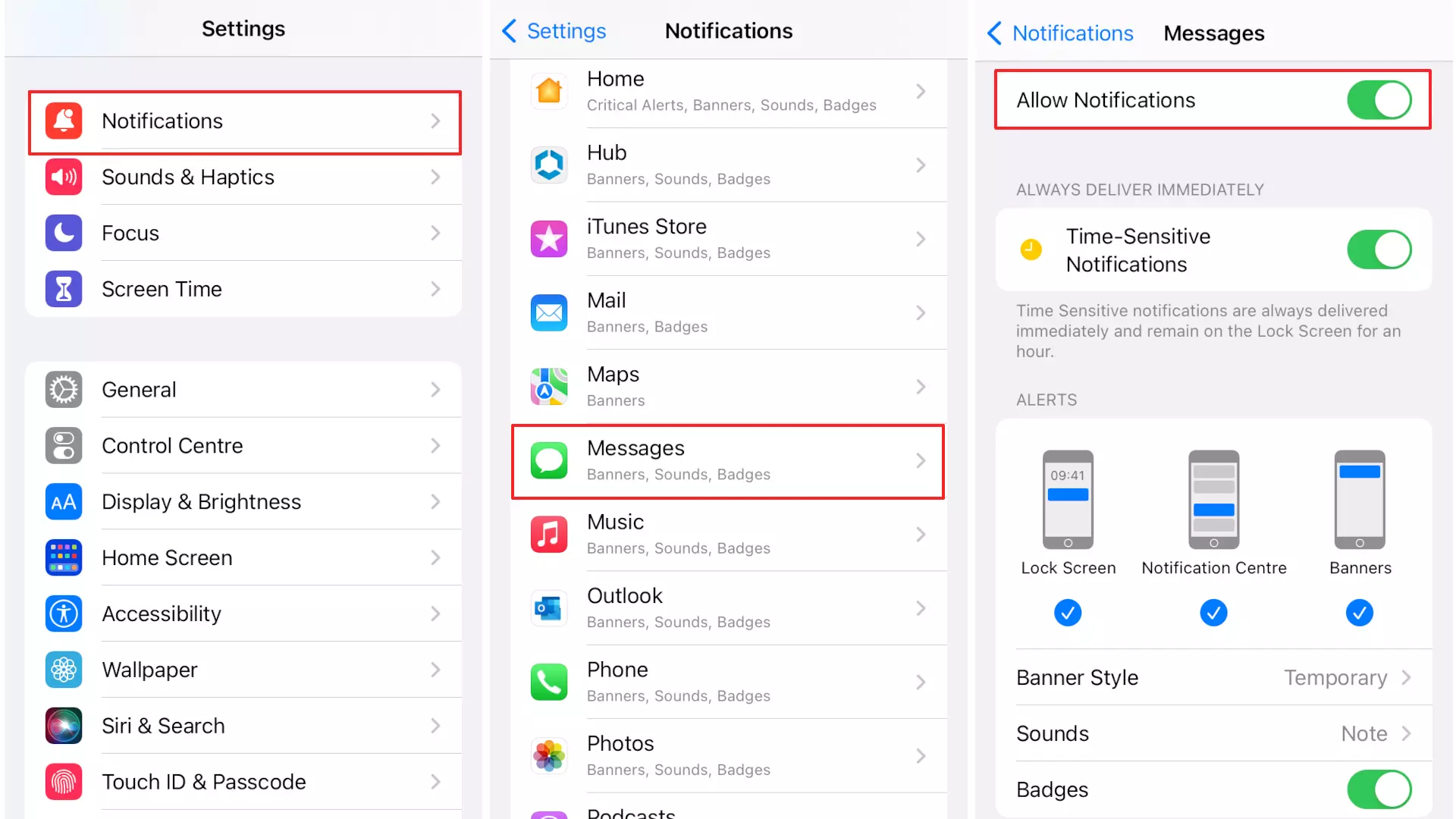 App settings for notifications on Apple device