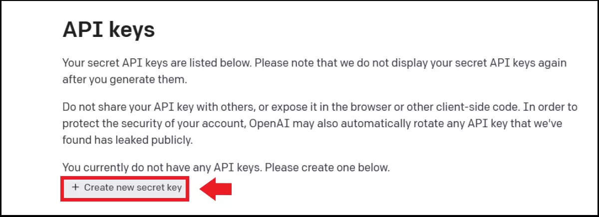 The “Create new secret key” option in the API Key menu