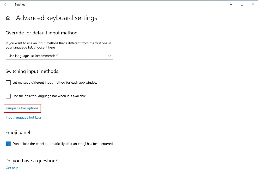 Advanced keyboard settings in the Windows 10 Settings app