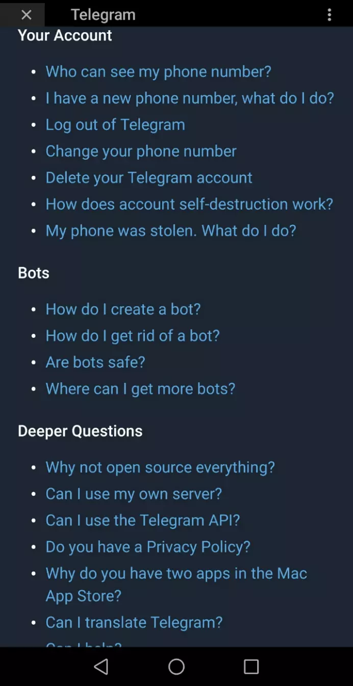 Telegram app FAQ section with “Your account”