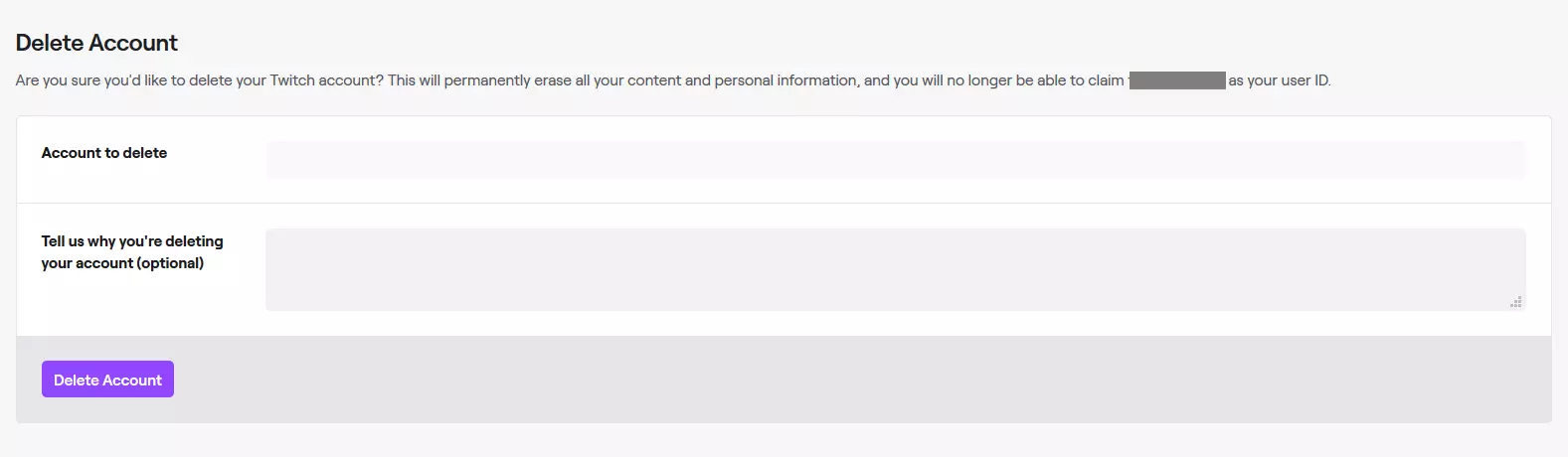 Dialog box for deleting your account on Twitch