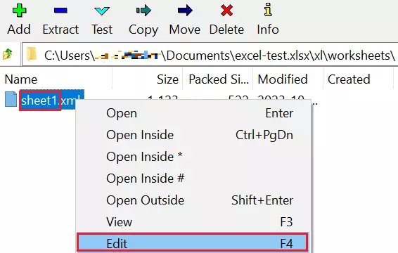 Screenshot of the Excel file, directory “xl\worksheets”, opened in the program 7-Zip, with context menu