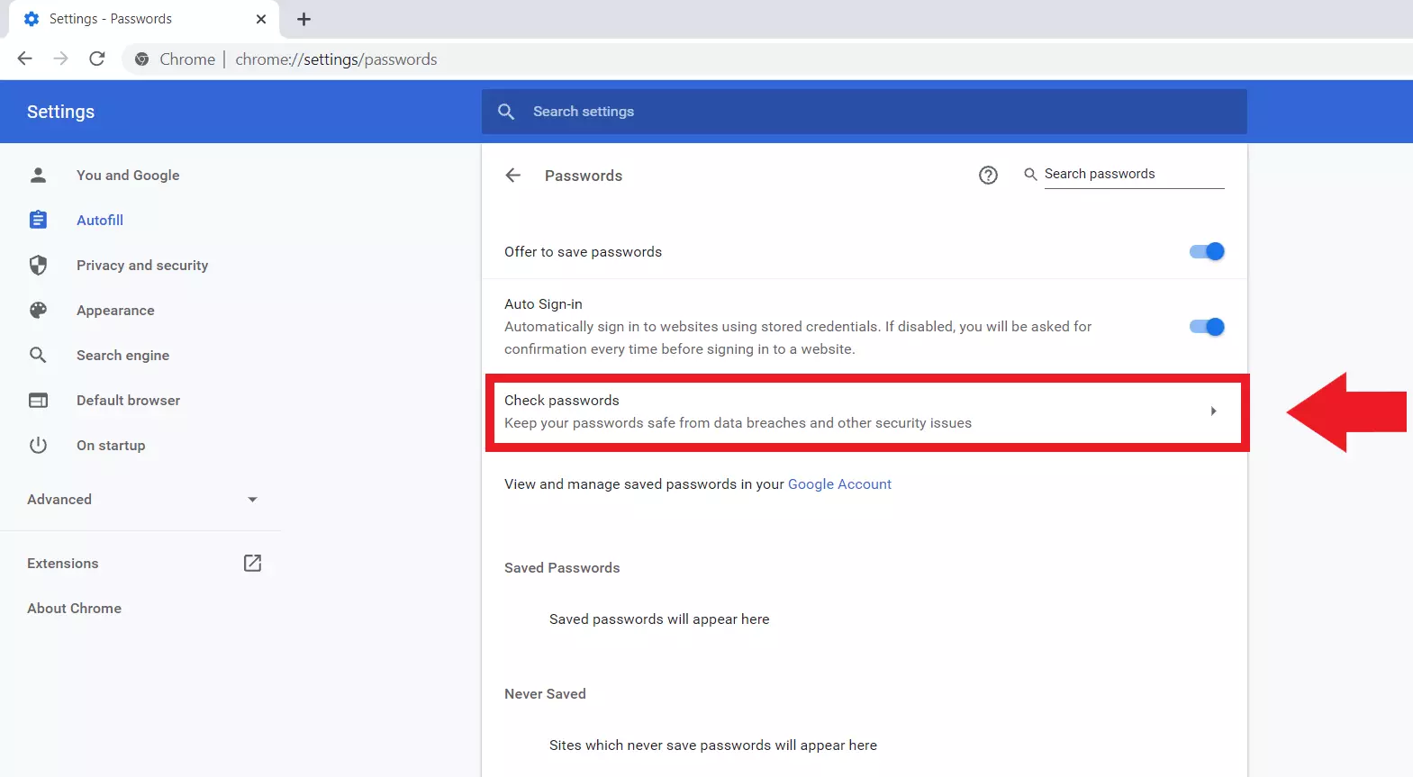 Google Chrome: “Passwords” menu, “Check passwords” function