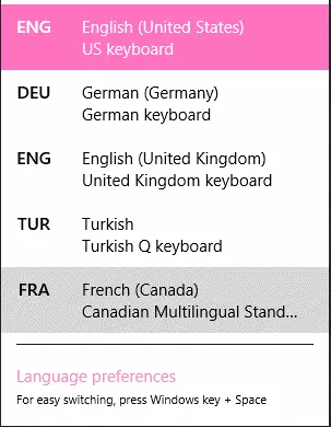 Keyboard language options in the Windows 8 taskbar