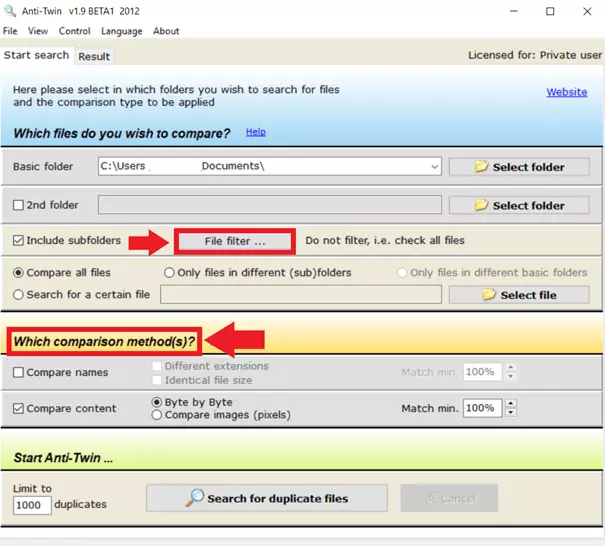 Set additional parameters for the search under “File filter” and “Which comparison method(s)?”