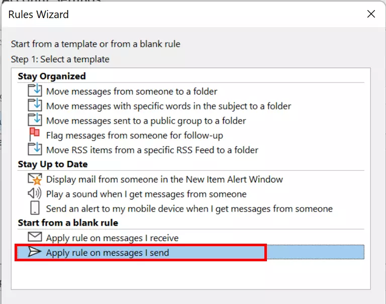 Rules Wizard option: Apply rule on messages I send