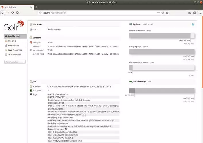 Solr web app overview page with physical memory, swap space, file index counter, and JVM memory details