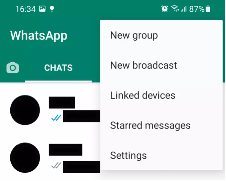 Screenshot of WhatsApp with the navigation menu open