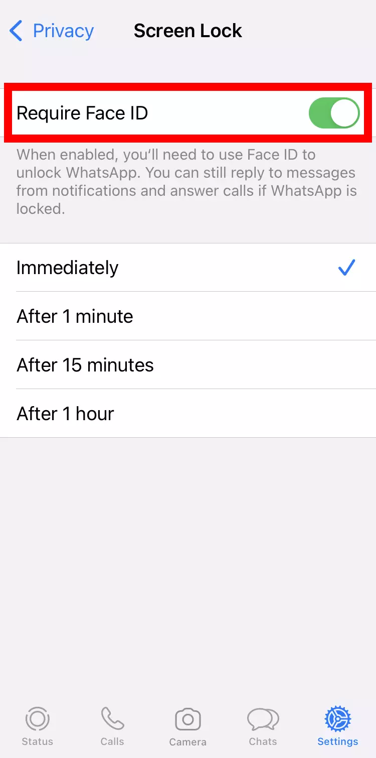 iPhone screenshot of the screen lock option in WhatsApp