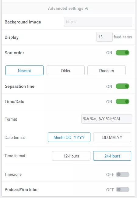 FeedWind menu: Advanced display settings