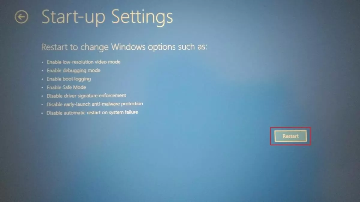 Windows 10 UEFI screenshot – start settings