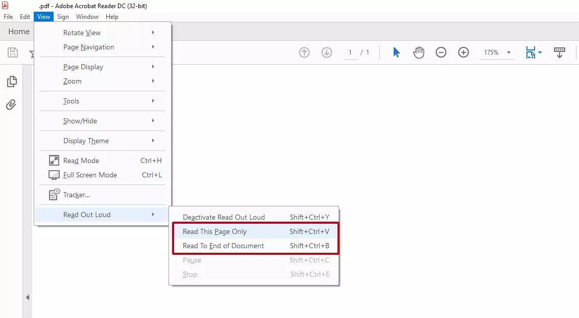 Adobe Acrobat Reader: Additional options “Read This Page Only” and “Read To End of Document”