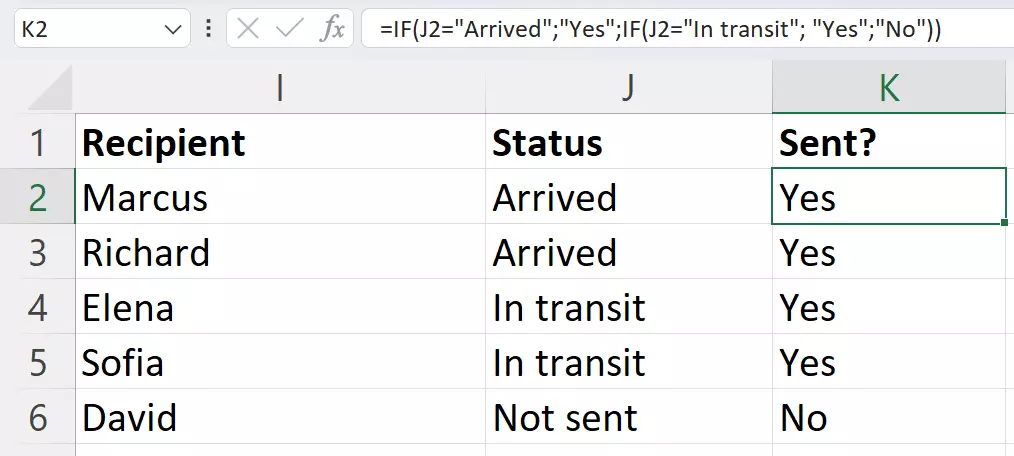 A simple excel table that shows if packages have been sent.