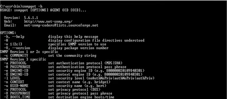 snmpget help menu in the Windows input prompt