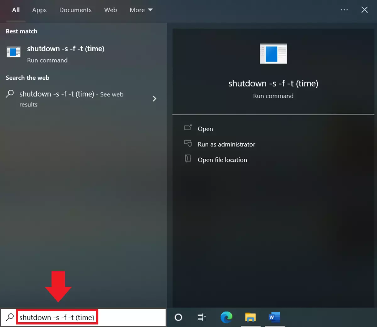 The shutdown command in the Windows search bar