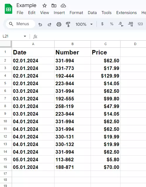 Screenshot of the spreadsheet without empty rows