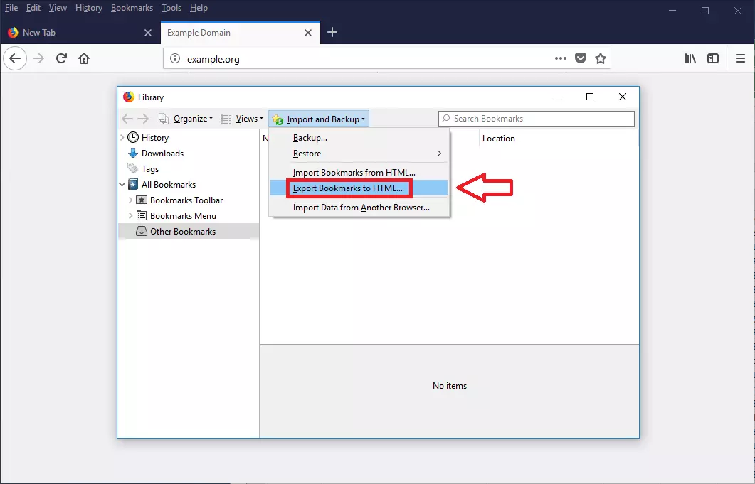 Screenshot: “Import and Backup” option in Bookmarks library with “Export Bookmarks to HTML” selected