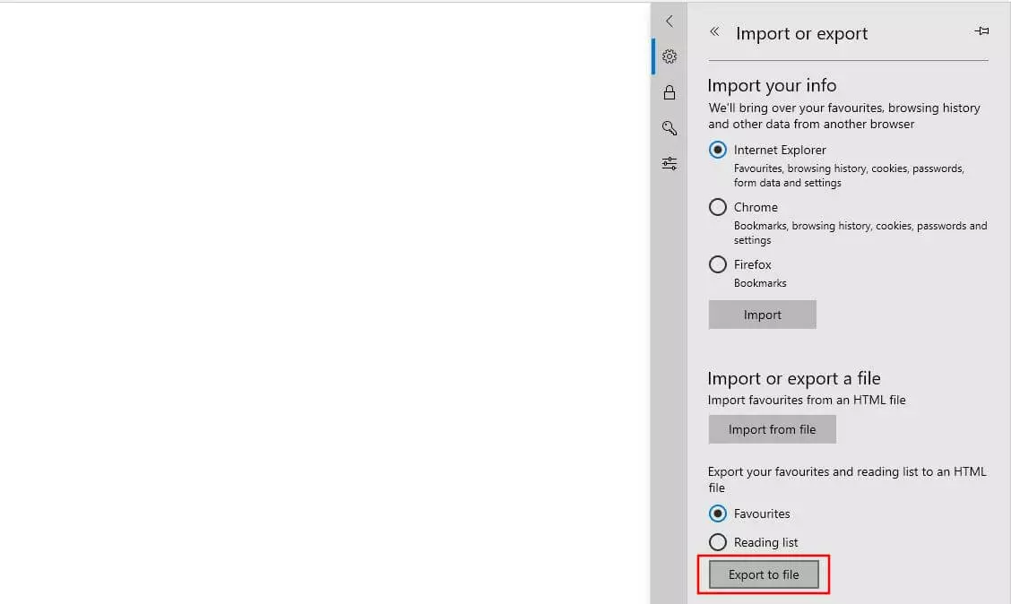 “Import or export” menu in Edge