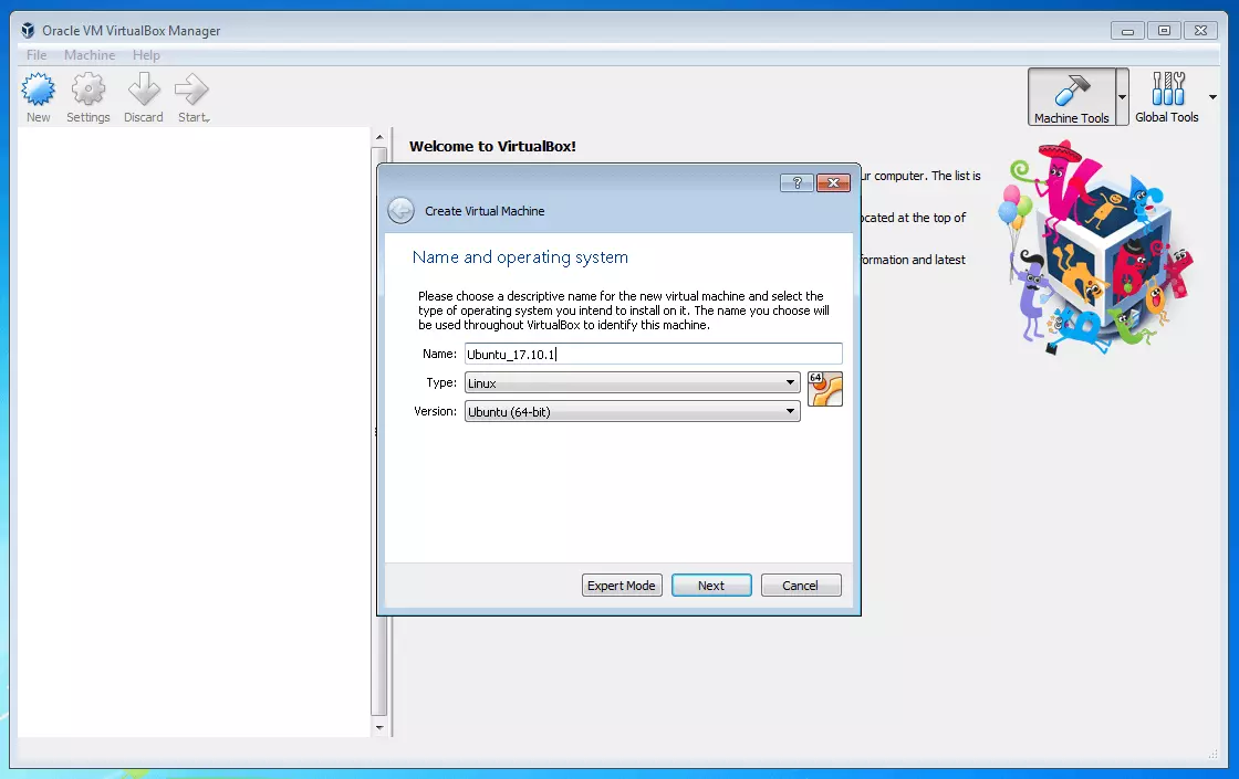 Oracle VM VirtualBox Manager: select your operating system