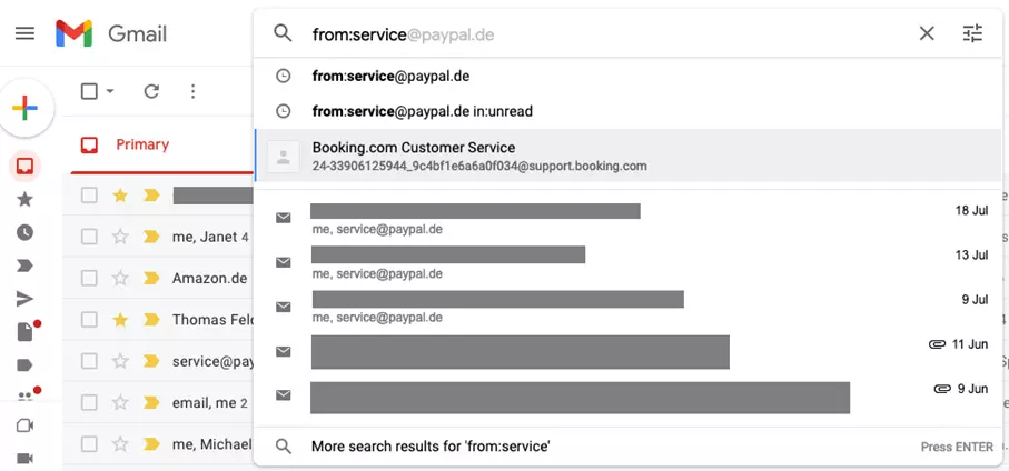 Gmail search with search operators