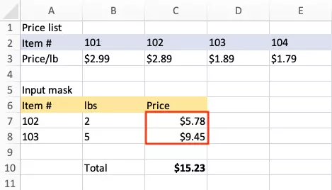 HLOOKUP: cells C7 and C8 filled in