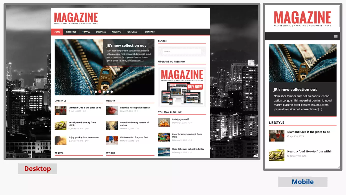 Desktop and mobile screenshots of the WordPress blog theme MH Magazine lite