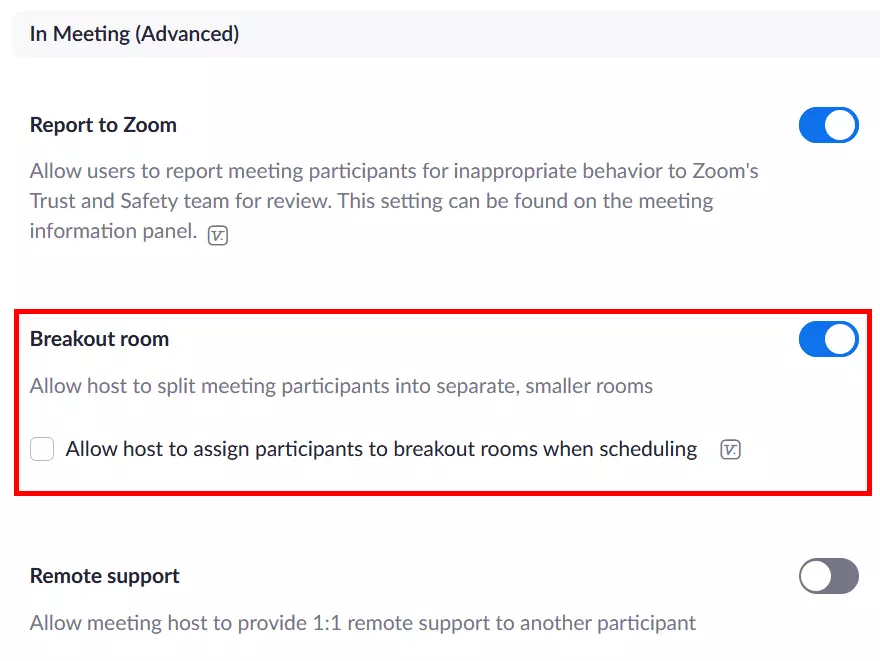 Option to enable a Zoom breakout room in the account settings on the Zoom website