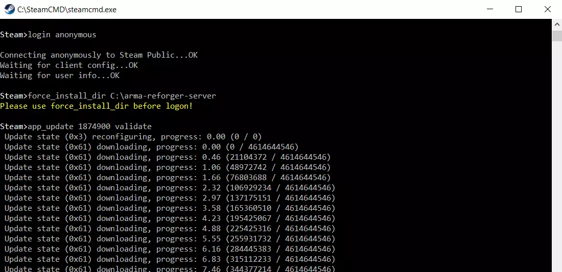 SteamCMD: “Arma Reforger Server” login and installation