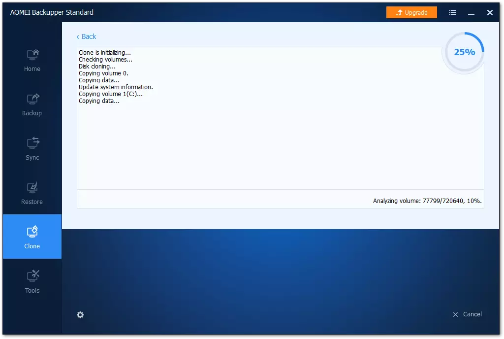 AOMEI Backupper Standard: Detailed display during a hard drive cloning
