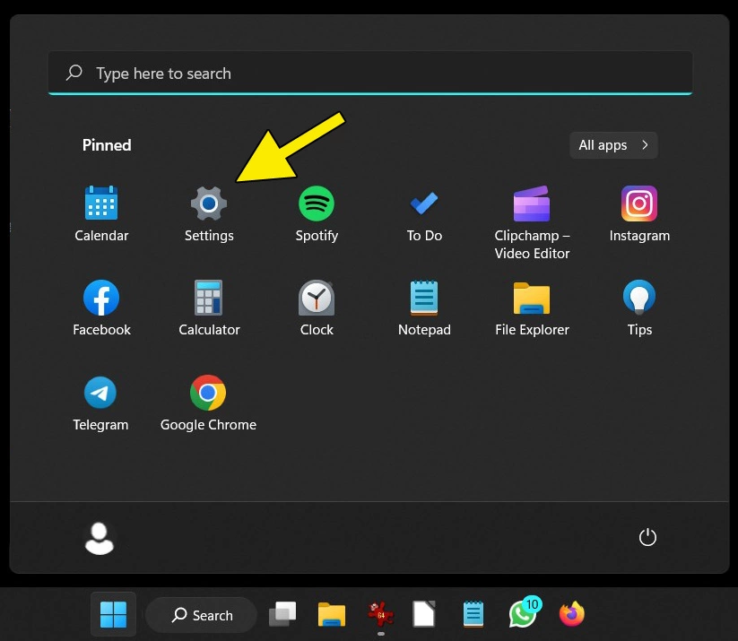 Windows 11 Start Menu: Settings icon