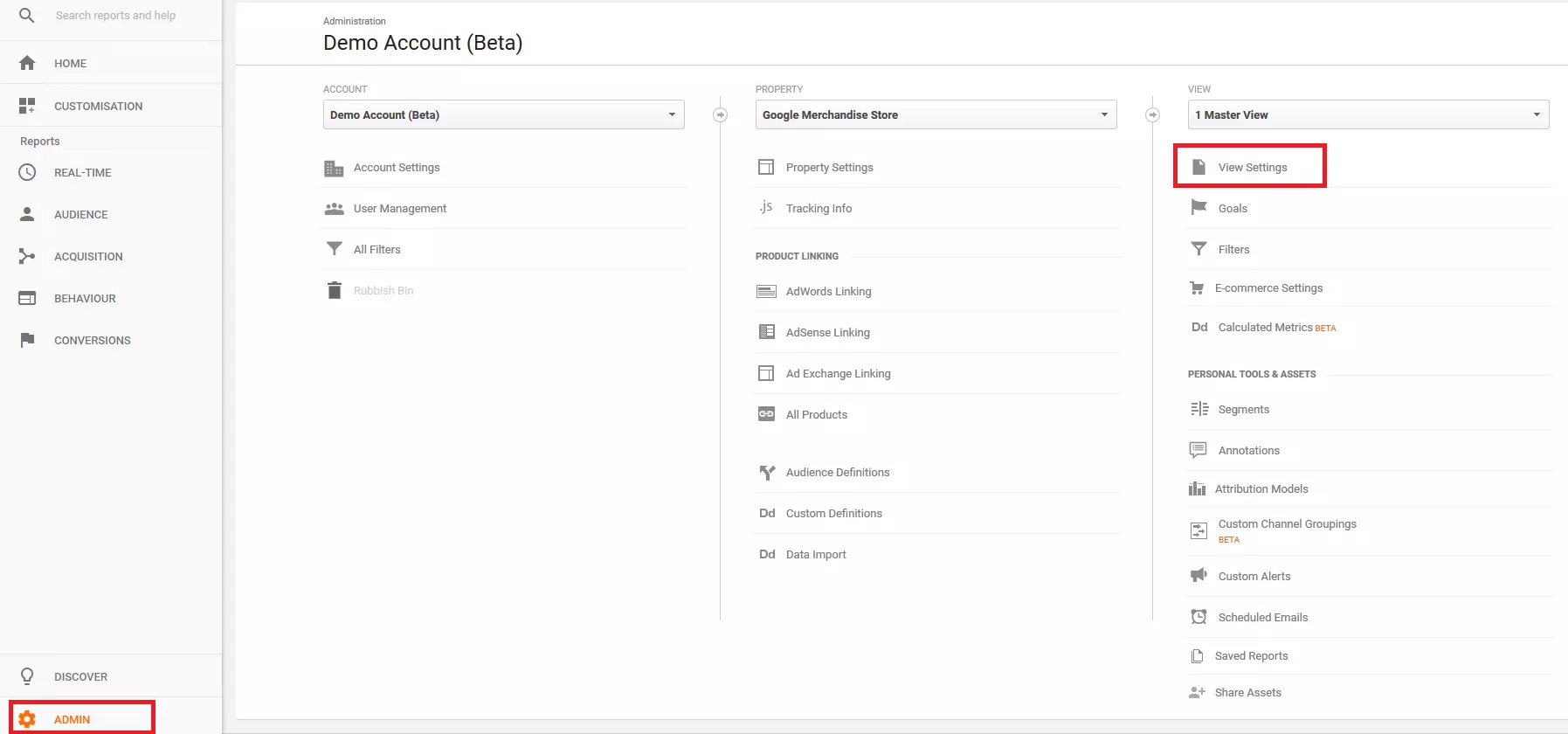 Google Analytics Demo Account: Admin