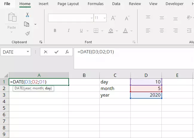 Excel DATE function with cell references