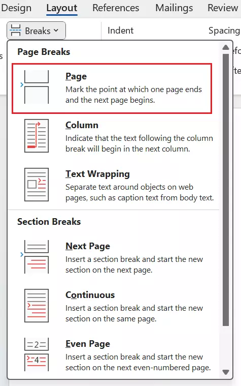 Word menu for setting page breaks