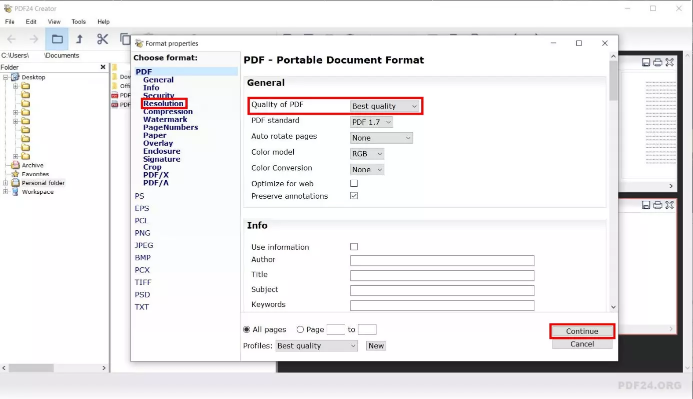 Export menu of PDF24 Creator