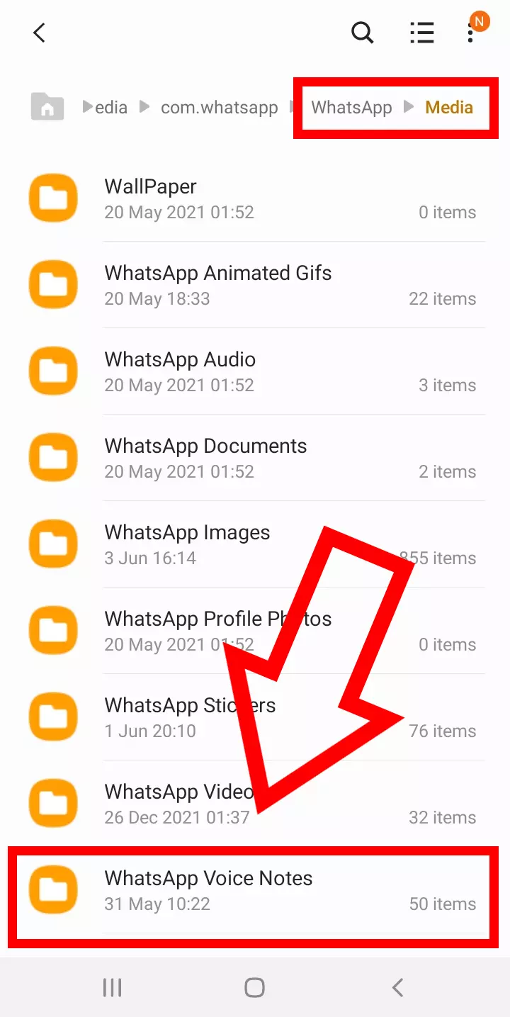 Android screenshot of the “Media” folder containing the “WhatsApp Voice Notes” folder