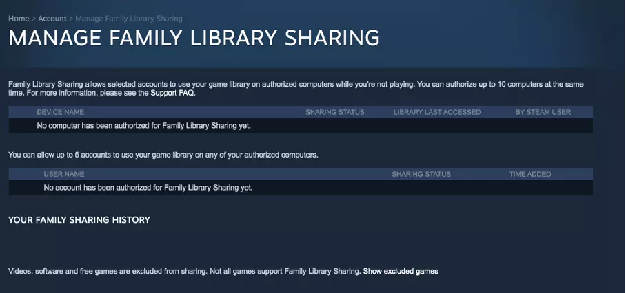 Screenshot of the Steam Family Library Sharing page