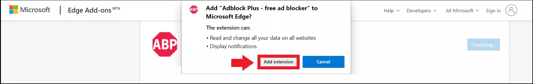 Adblock Plus installation via the Edge Add ons page