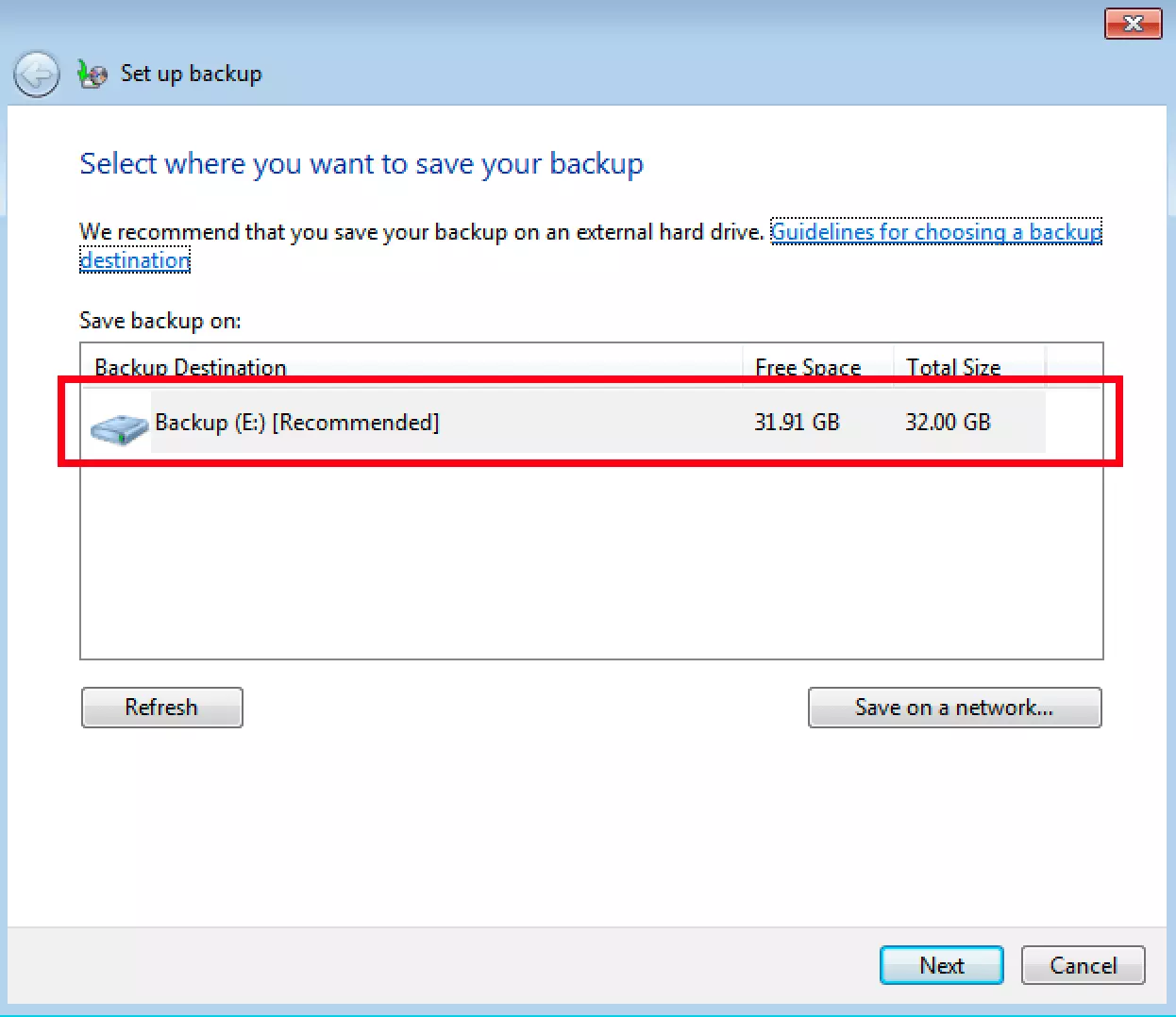 Selecting the storage medium for a Windows 7 backup