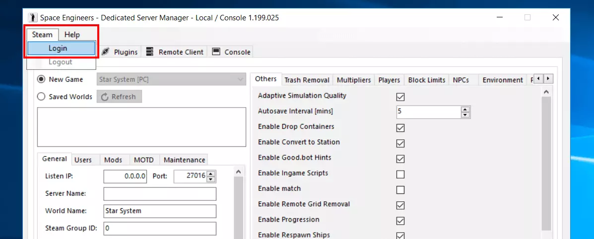 Space Engineers - Dedicated Server Manager: Steam Login