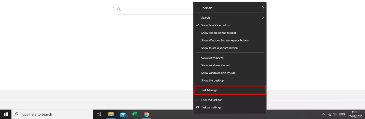 Open Task Manager via the taskbar context menu