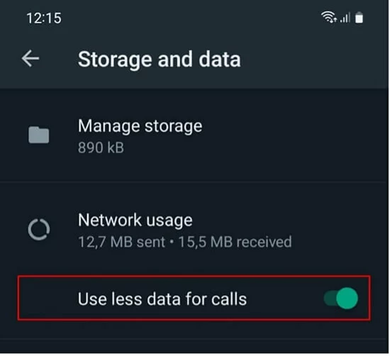 WhatsApp: Move the “Use less data for calls” slider in “Storage and data” to the right