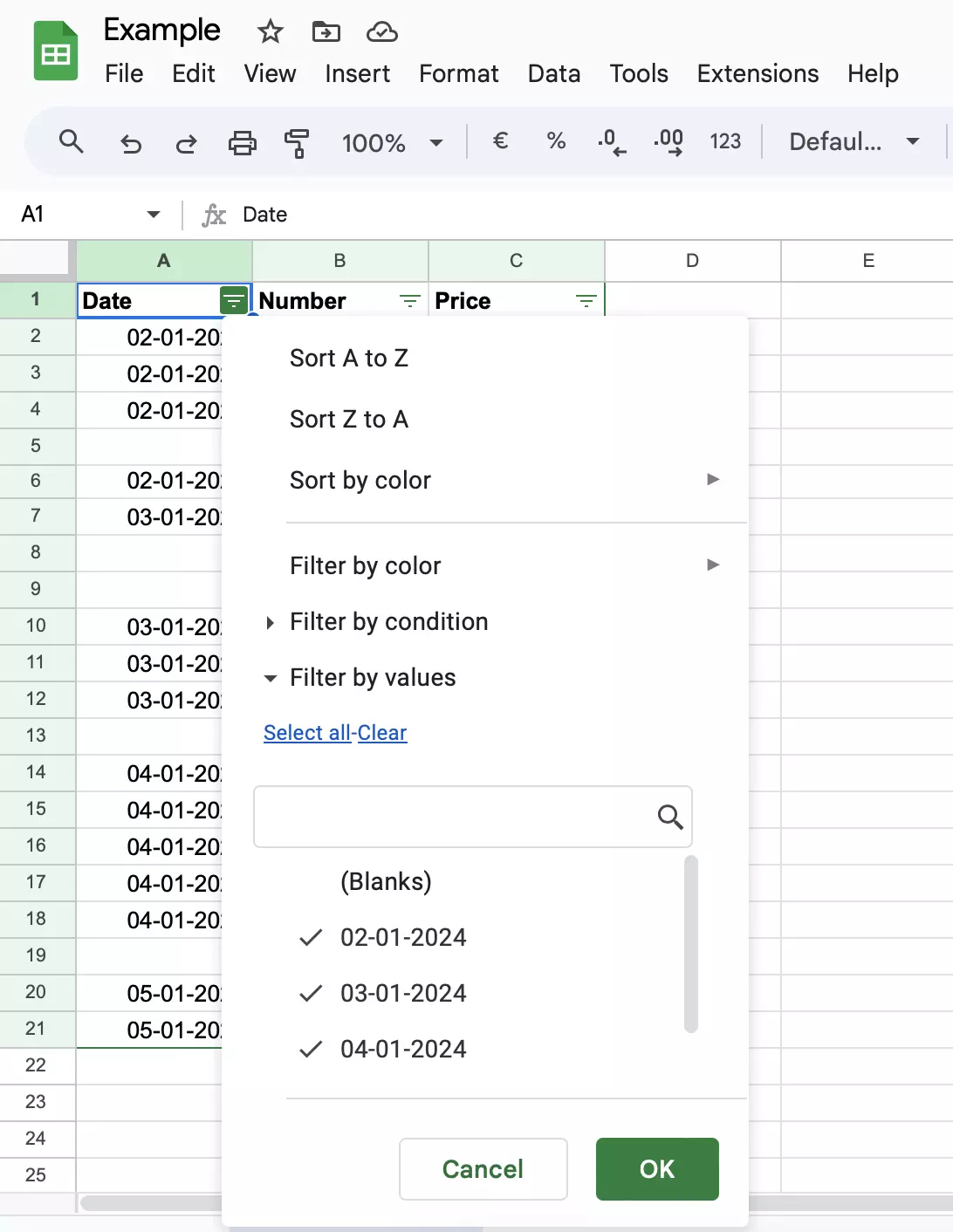 Screenshot of the filter menu in Google Sheets