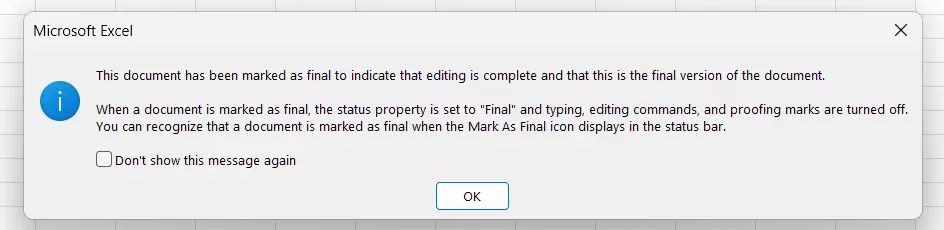 Message stating that Excel document has been marked as final